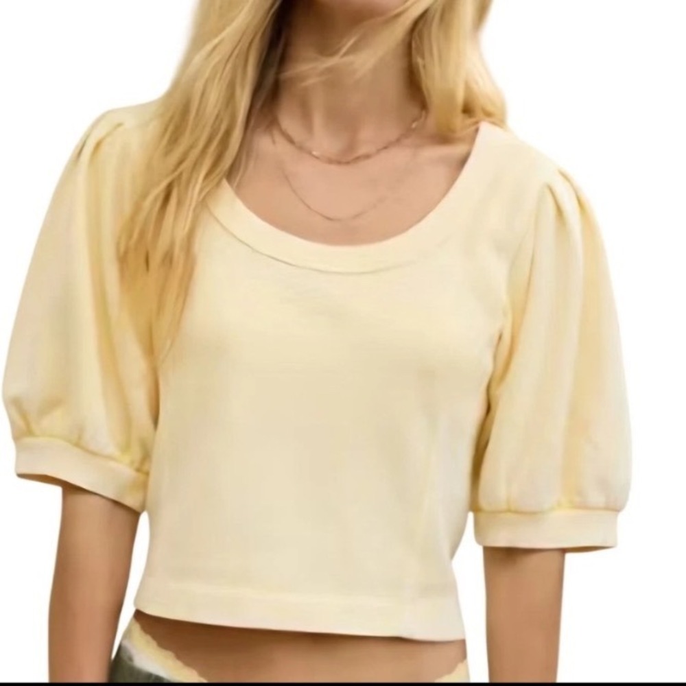aerie Seams Right Short Puff Sleeve Crop Sweatshirt Butter Yellow Size S Terry
